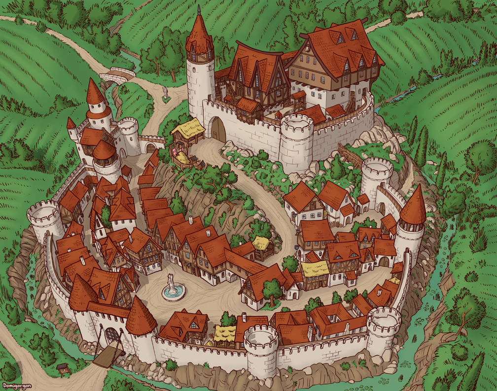 Gráfico de un burgo junto a un castillo. Alli comenzaron a gestarse las creencias fundamentales de la ideología burguesa